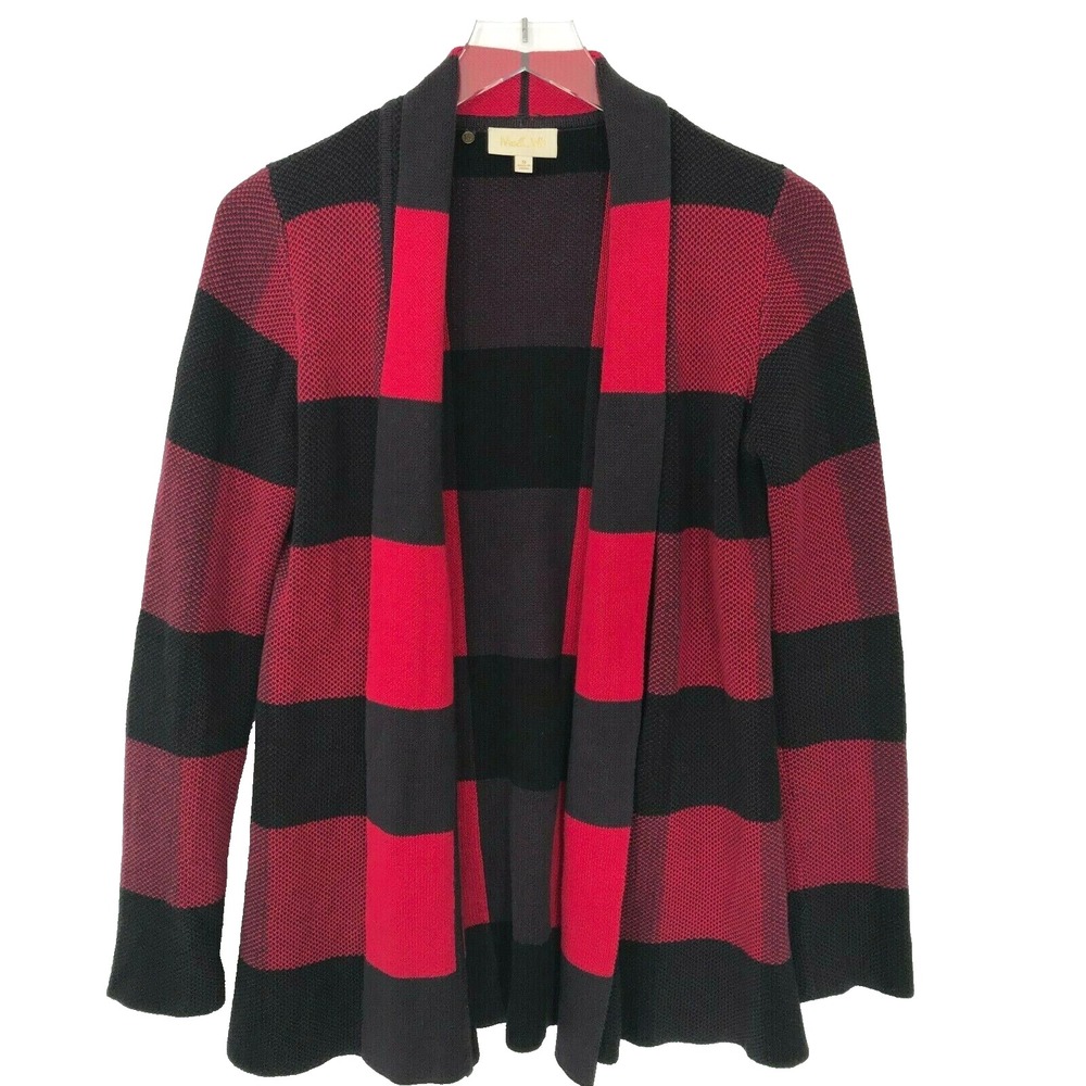 Mod Cloth Sweater Womens Small Red Black Buffalo Check Plaid Cardigan Open Front